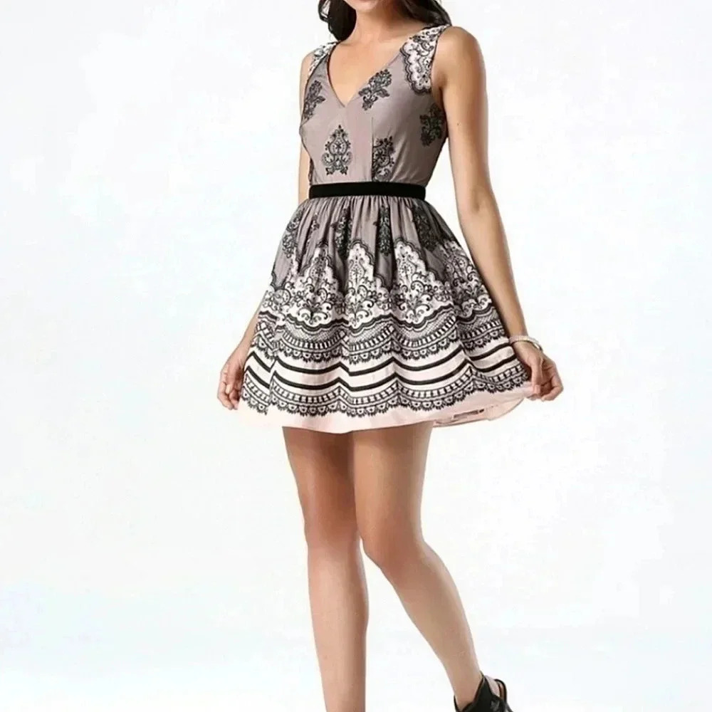 Bebe Black and Gray Patterned Mini Dress
